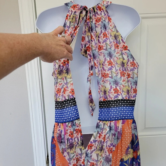 Maggy London Sleeveless Floral Halter Midi Dress Back Bow Lined Size 10 - Picture 9 of 14